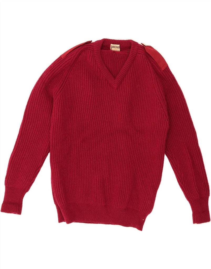VINTAGE Mens V-Neck Jumper Sweater Medium Burgundy New Wool Vintage Vintage and Second-Hand Vintage from Messina Hembry 