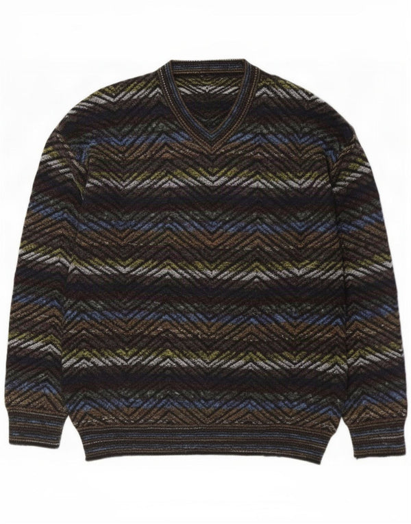 Vintage Mens V-Neck Jumper Sweater Large Multicoloured Geometric