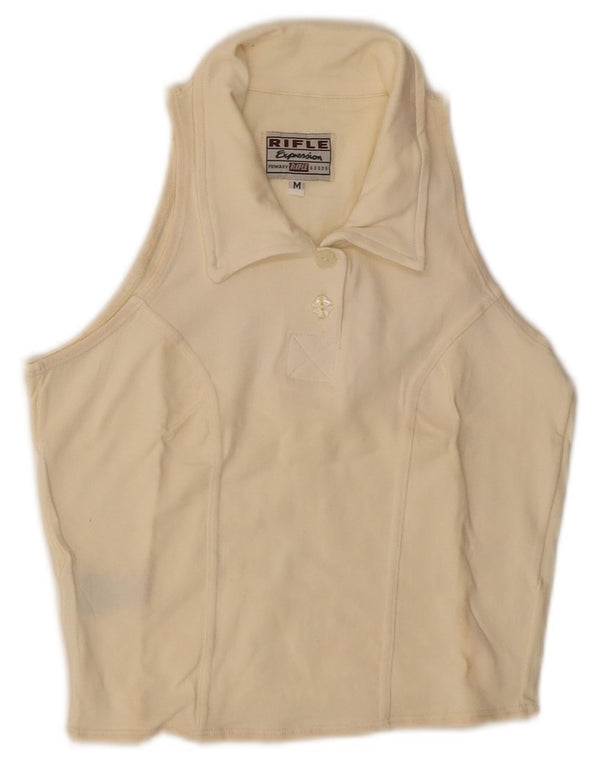 Rifle Womens Crop Sleeveless Polo Shirt UK 12 Medium Off White Cotton