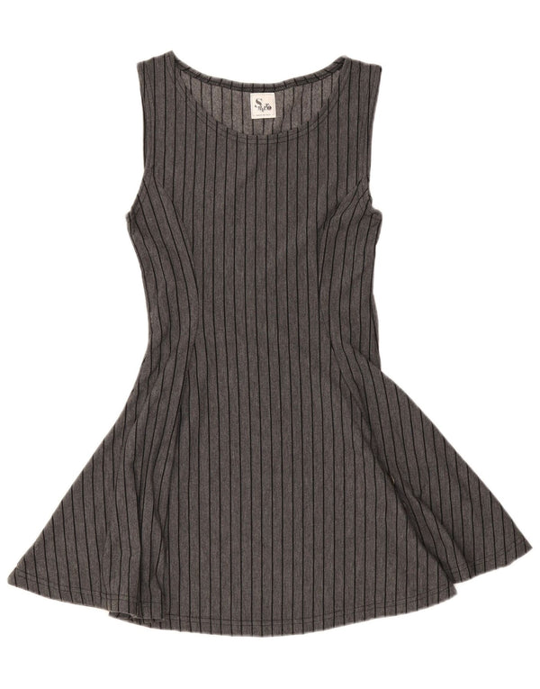 Vintage Womens Sleeveless A-Line Dress UK 8 Small Grey Striped