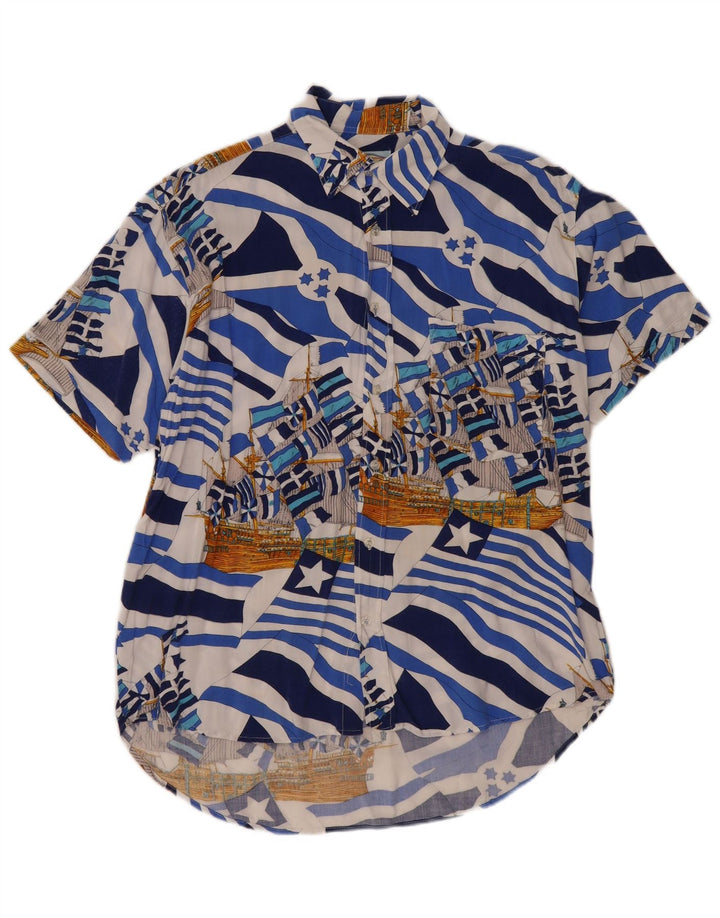 Harrison & Son Mens Abstract Pattern Short Sleeve Shirt Large Blue Viscose