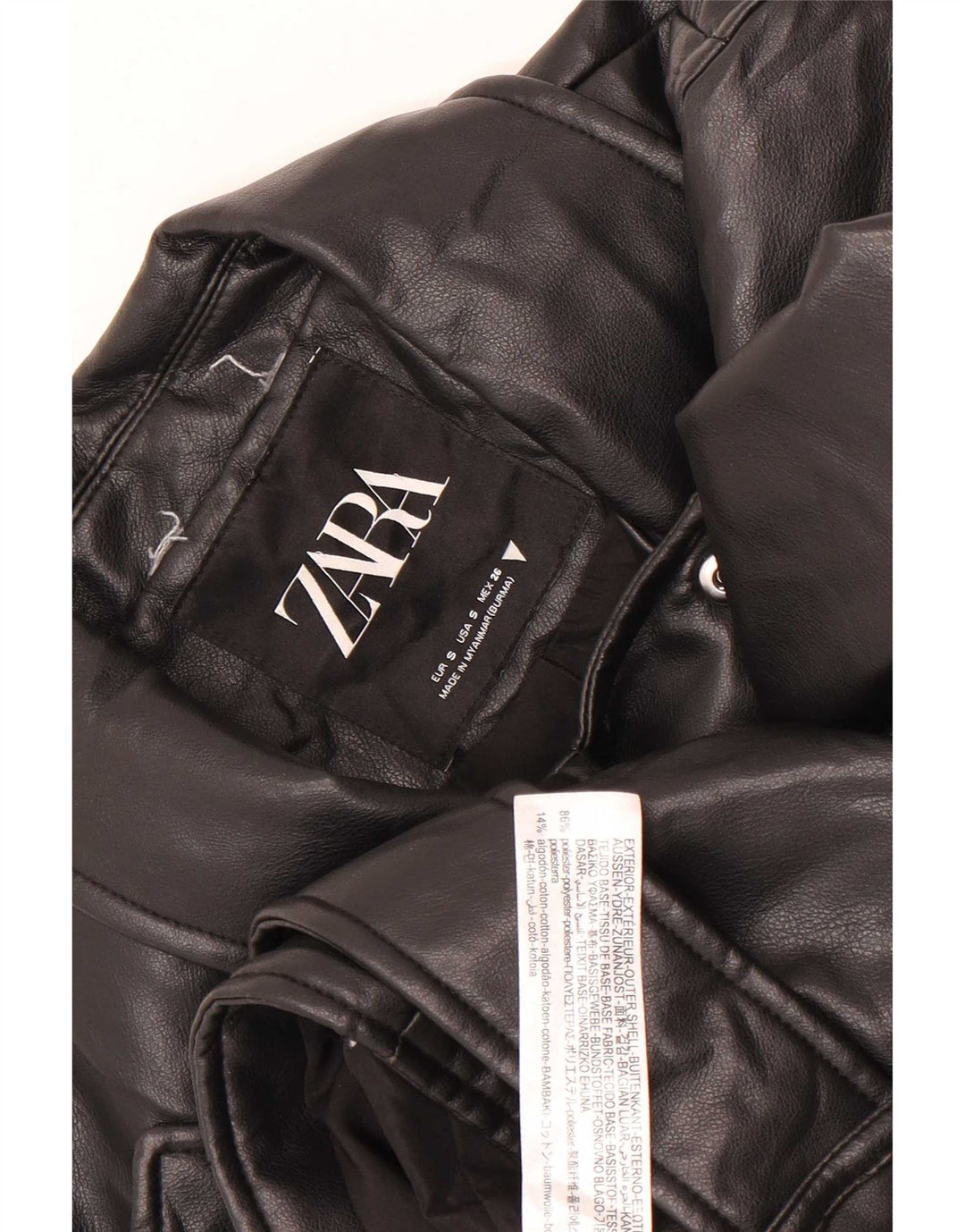 Zara Womens Crop Faux Leather Biker Jacket UK 10 Small Black Polyester