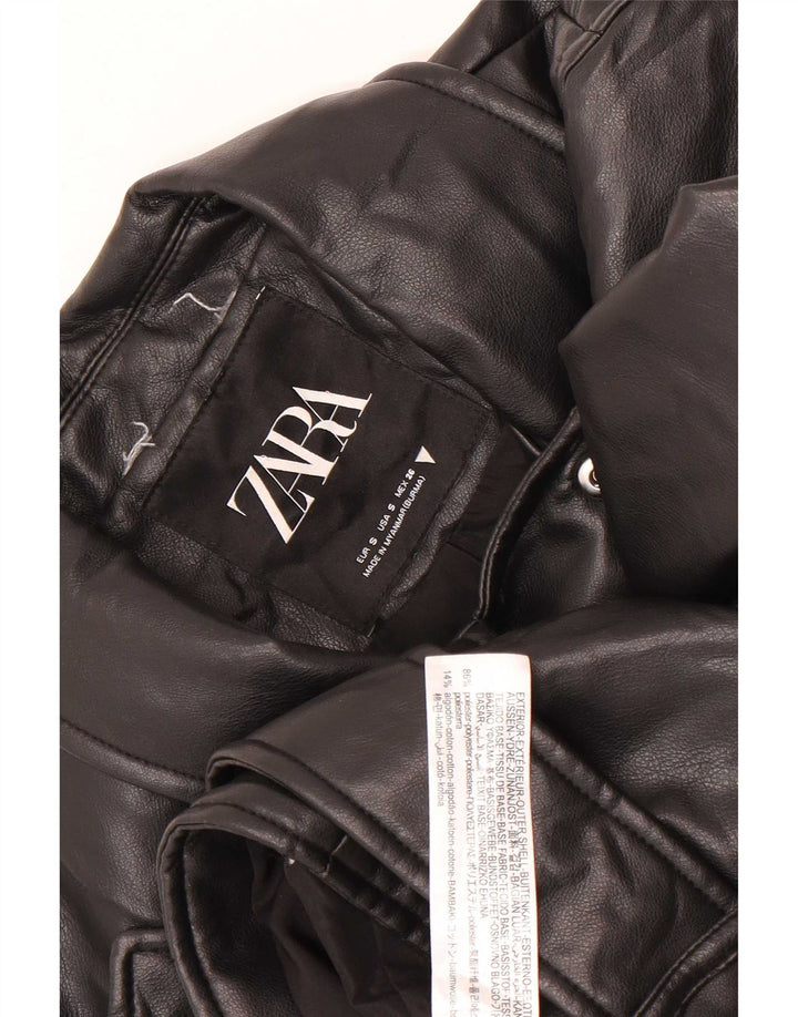 Zara Womens Crop Faux Leather Biker Jacket UK 10 Small Black Polyester