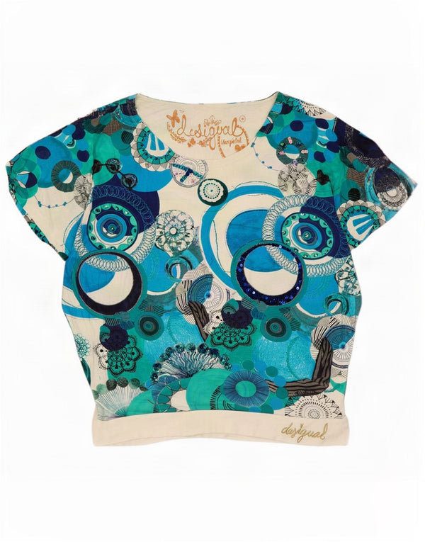 Desigual Womens Graphic T-Shirt Top UK 14 Medium White Geometric Viscose