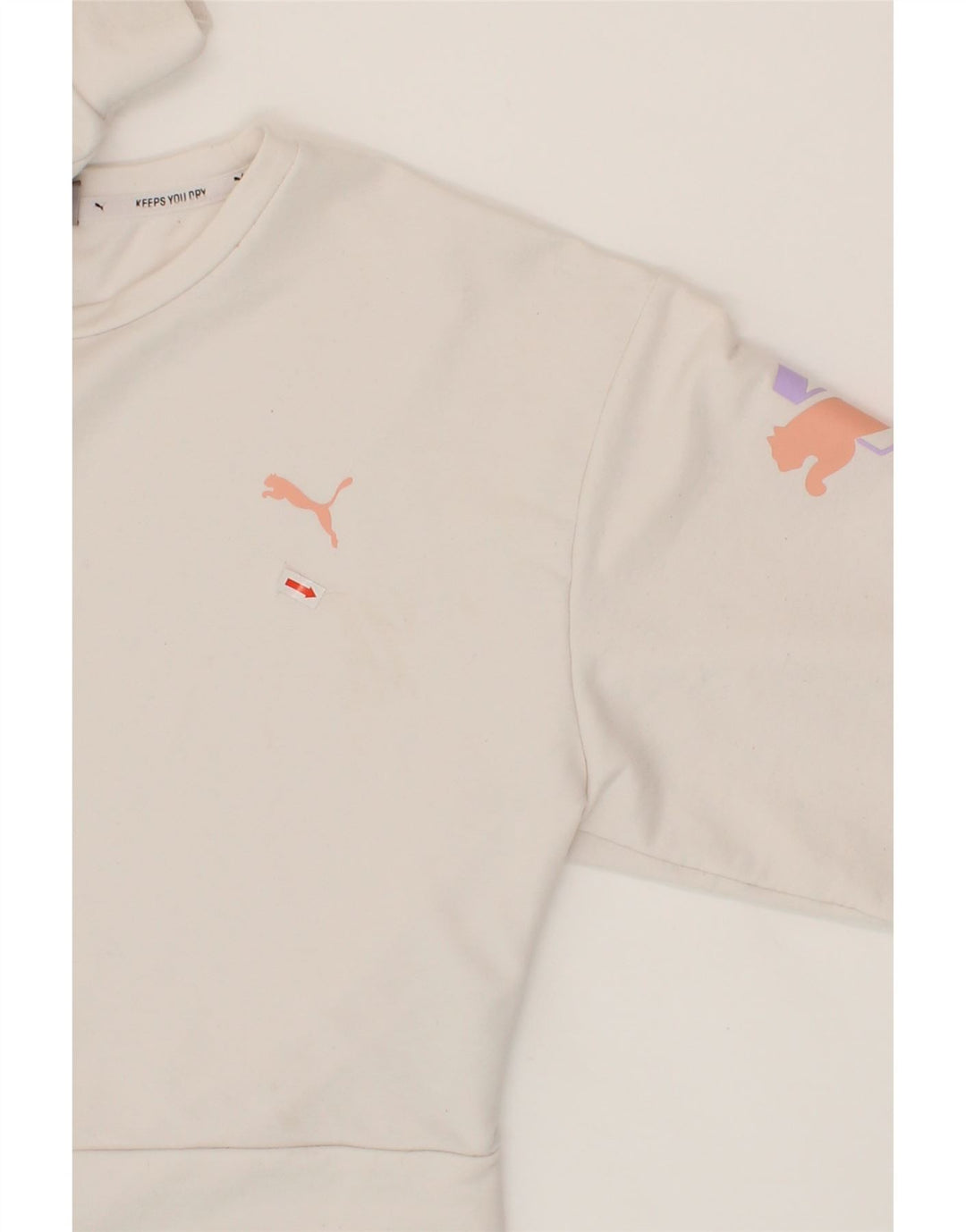 PUMA Womens Oversized Graphic Crop Sweatshirt Jumper UK 6 XS White Vintage Puma and Second-Hand Puma from Messina Hembry 