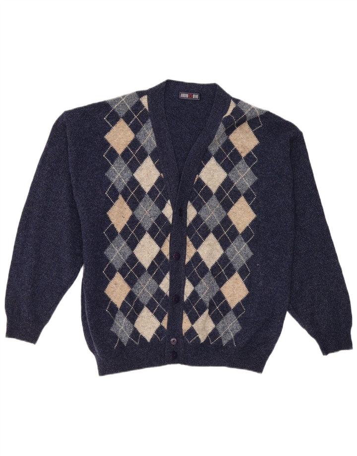 Vintage Mens Cardigan Sweater XL Navy Blue Argyle/Diamond Wool