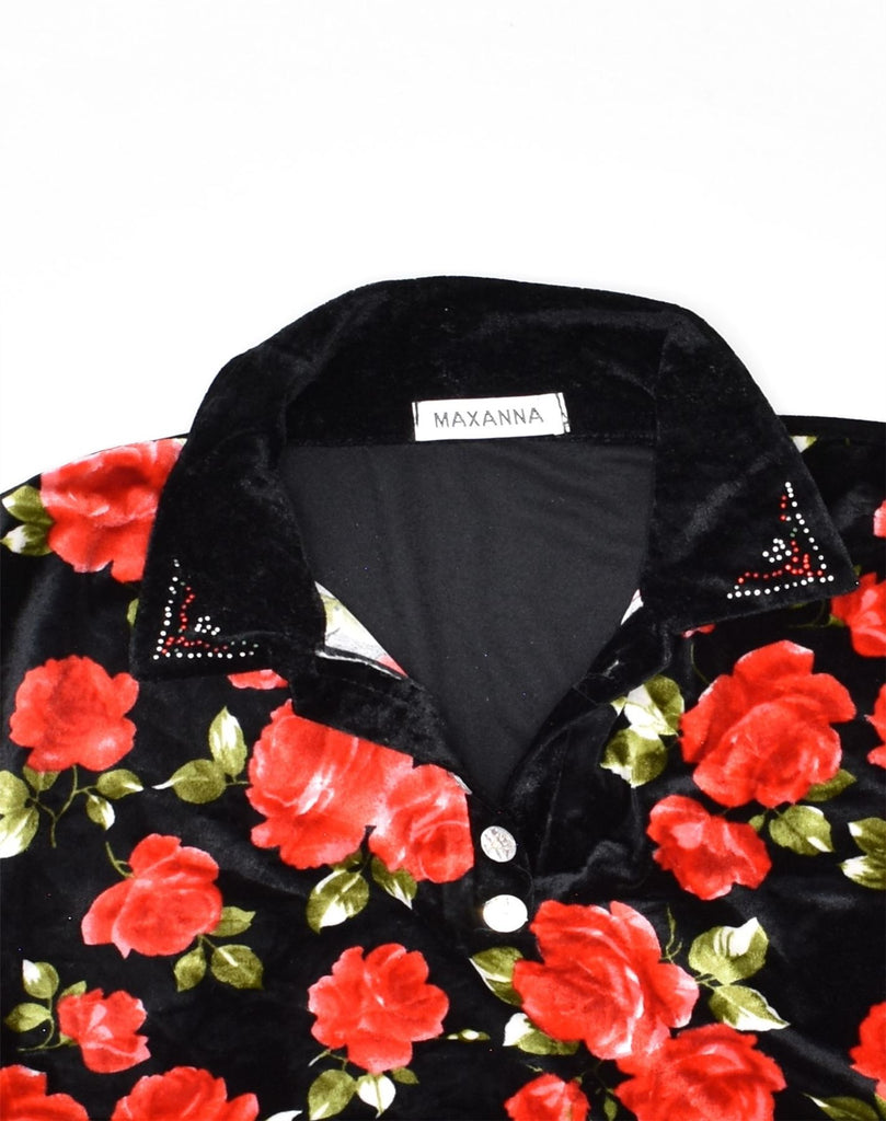 VINTAGE Womens Velvet Polo Shirt UK 14 Large Black Floral Cotton | Vintage Vintage | Thrift | Second-Hand Vintage | Used Clothing | Messina Hembry 