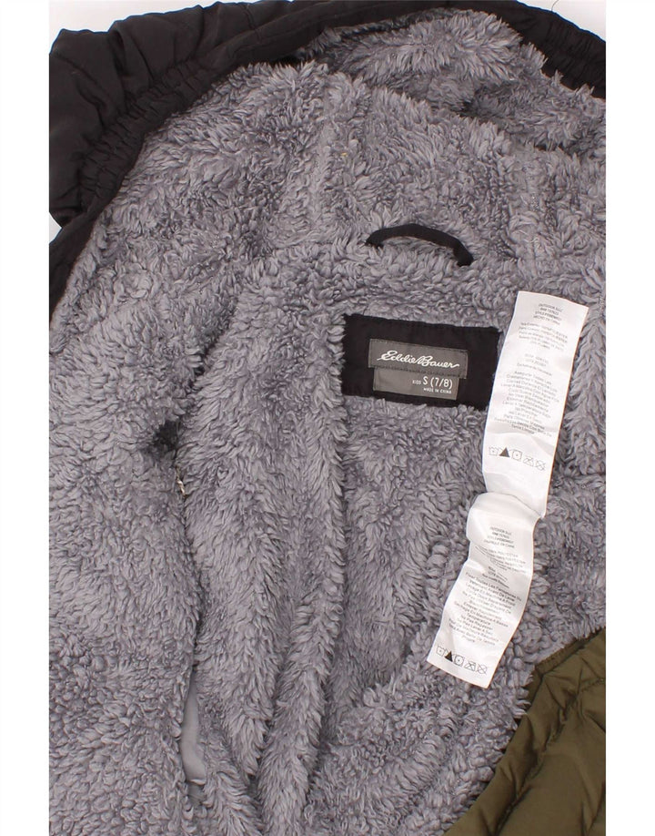 Eddie Bauer Boys Hooded Padded Jacket 7-8 Years Small Khaki Colourblock