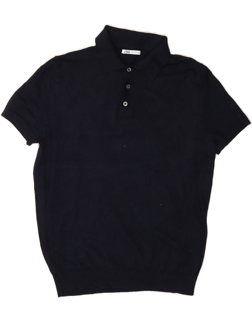 ZARA Mens Short Sleeve Polo Neck Jumper Sweater Medium Navy Blue Viscose Vintage Zara and Second-Hand Zara from Messina Hembry 