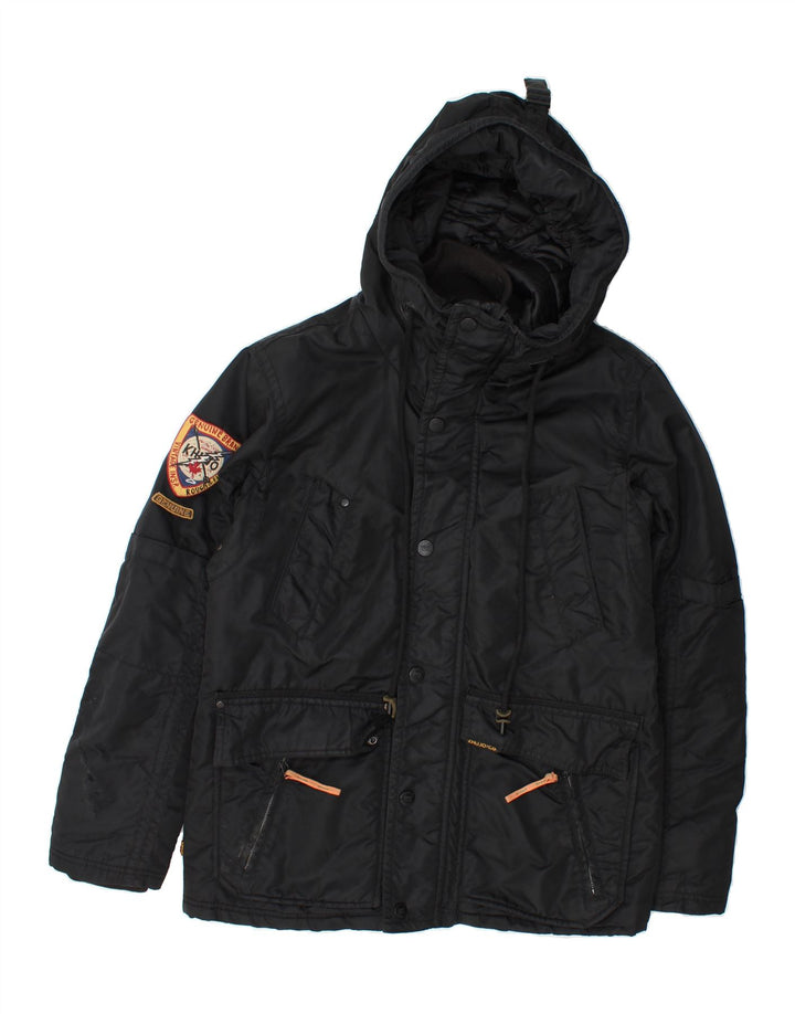 KHUJO Mens Oversized Graphic Hooded Windbreaker Jacket UK 36 Small Black Vintage KHUJO and Second-Hand KHUJO from Messina Hembry 