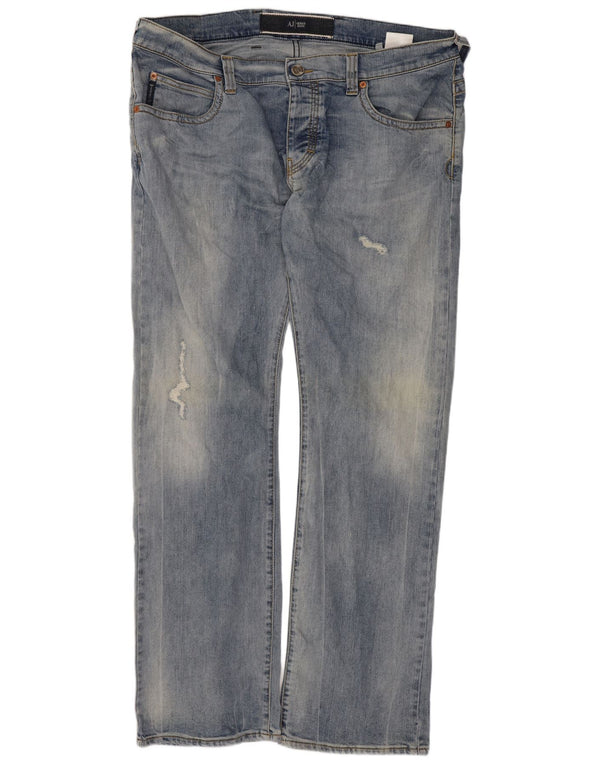 Armani Mens Distressed Straight Jeans W38 L32 Blue Cotton