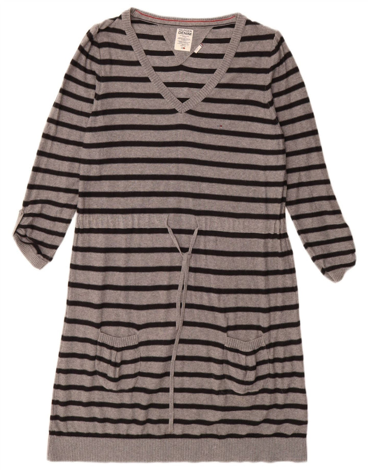 TOMMY HILFIGER Womens 3/4 Sleeve Jumper Dress UK 14 Large Grey Striped
