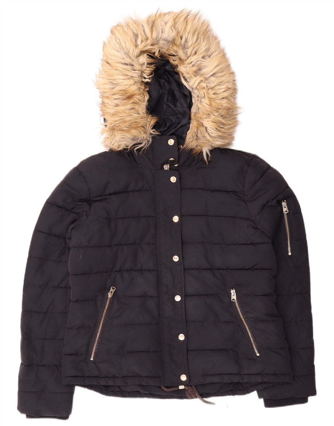 Topshop Womens Hooded Crop Padded Jacket UK 14 Medium Navy Blue Polyester