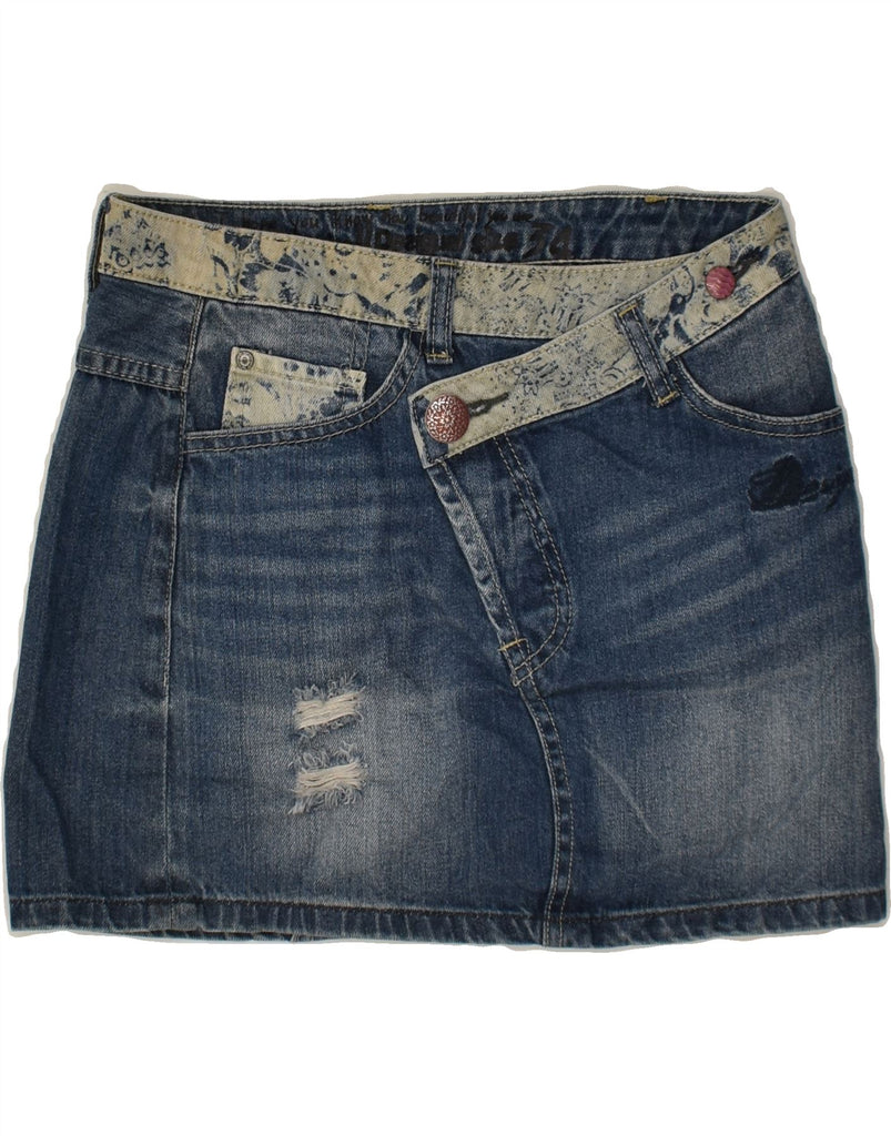 DESIGUAL Womens Denim Skirt EU 34 2XS W24 Blue Patchwork Polyester | Vintage Desigual | Thrift | Second-Hand Desigual | Used Clothing | Messina Hembry 