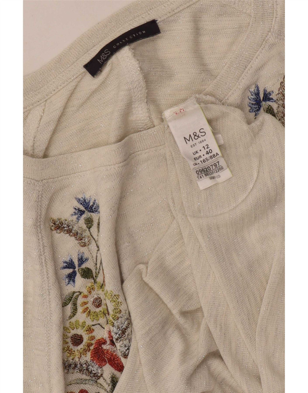Marks & Spencer Womens Graphic Top 3/4 Sleeve UK 12 Medium Off White Floral