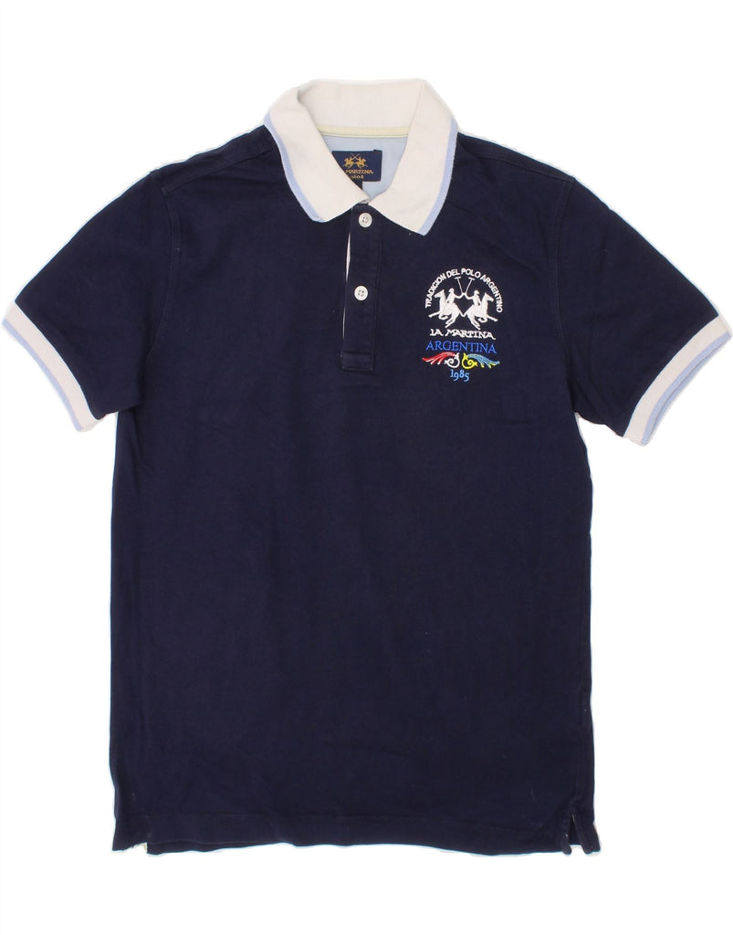 LA MARTINA Boys Graphic Rugby Polo Shirt 9-10 Years Navy Blue Cotton Vintage La Martina and Second-Hand La Martina from Messina Hembry 