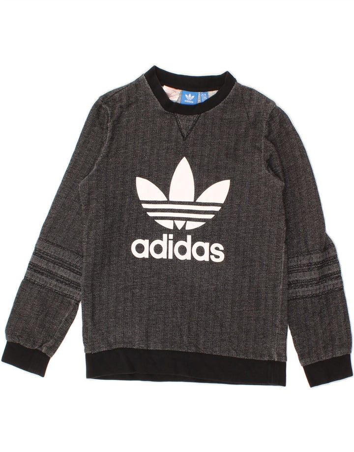 ADIDAS Boys Graphic Sweatshirt Jumper 11-12 Years Black Herringbone Cotton Vintage Adidas and Second-Hand Adidas from Messina Hembry 