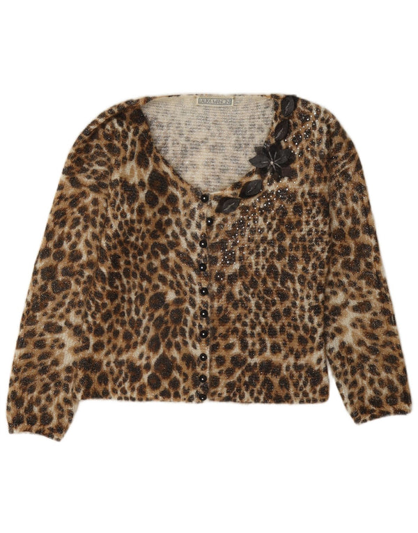 Vintage Womens Cardigan Sweater UK 10 Small Brown Animal Print
