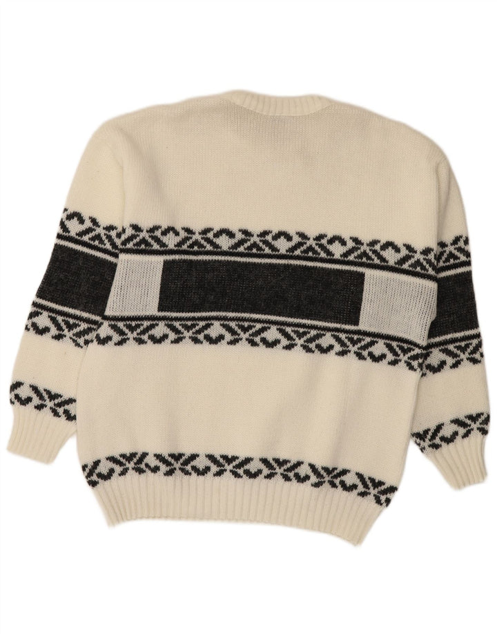Vintage Mens Crew Neck Jumper Sweater Medium White Fair Isle