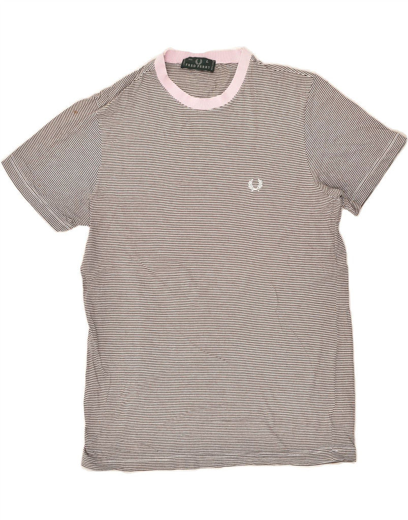 FRED PERRY Mens T-Shirt Top Large Grey Striped Cotton | Vintage Fred Perry | Thrift | Second-Hand Fred Perry | Used Clothing | Messina Hembry 