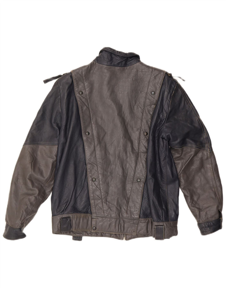 VINTAGE Womens Leather Jacket UK 14 Medium Grey Colourblock