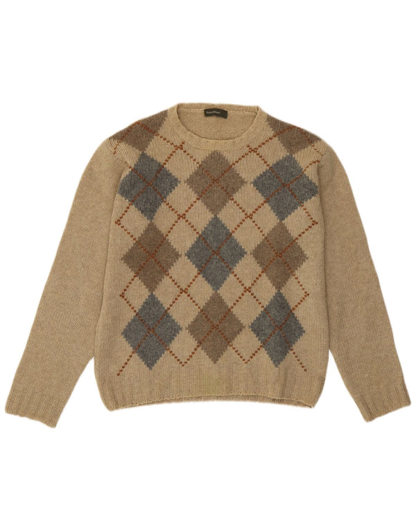 Henry Cottons Mens Crew Neck Jumper Sweater Medium Beige Argyle/Diamond