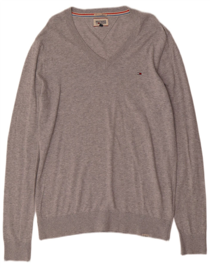 TOMMY HILFIGER Mens V-Neck Jumper Sweater XL Grey Cotton