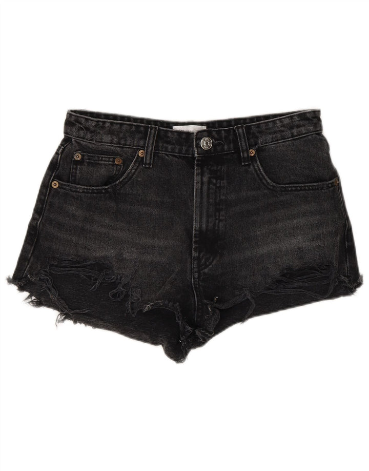 Zara Womens Distressed Denim Shorts EU 38 Small W28  Black Cotton