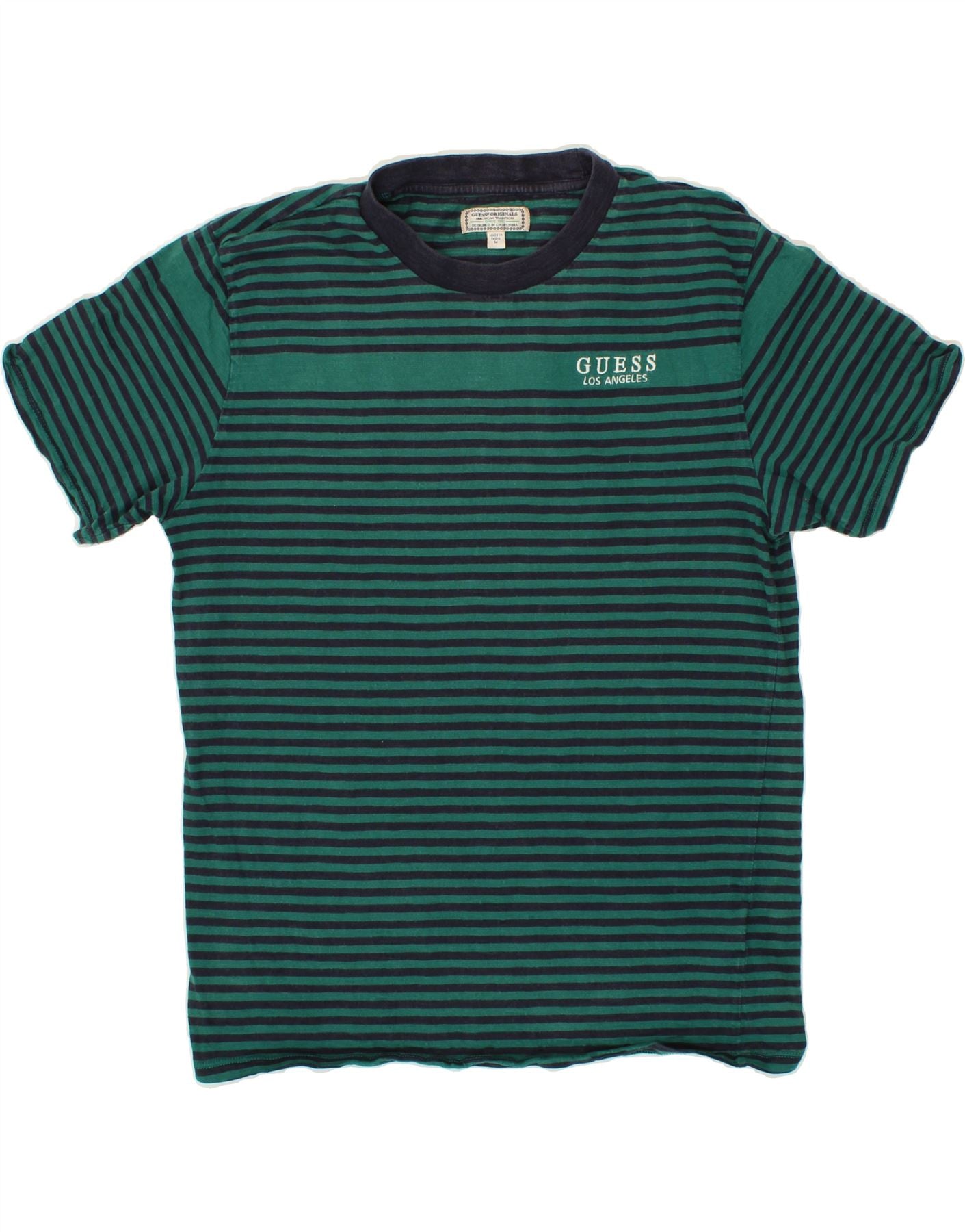 GUESS Mens T Shirt Top Medium Green Striped Cotton Vintage Second Hand Clothing Online Messina Hembry