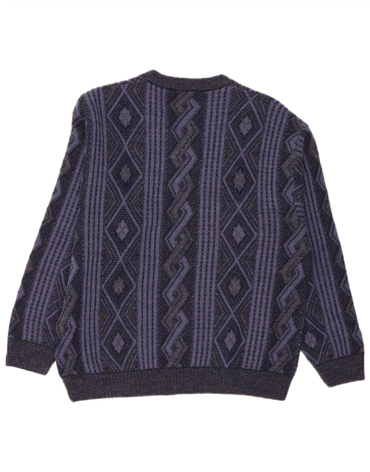 Naramaglie Mens V-Neck Jumper Sweater Medium Navy Blue Geometric Acrylic