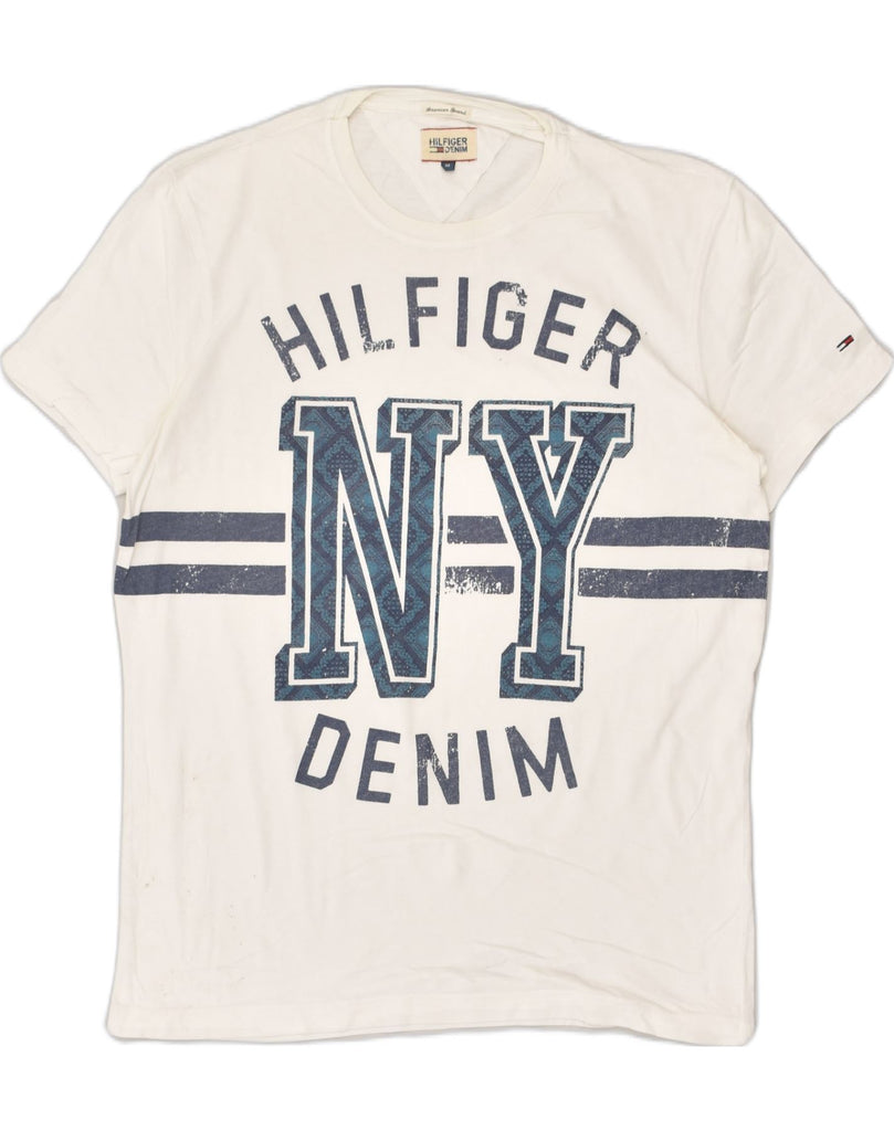 TOMMY HILFIGER Mens Graphic T-Shirt Top Medium White Cotton | Vintage Tommy Hilfiger | Thrift | Second-Hand Tommy Hilfiger | Used Clothing | Messina Hembry 