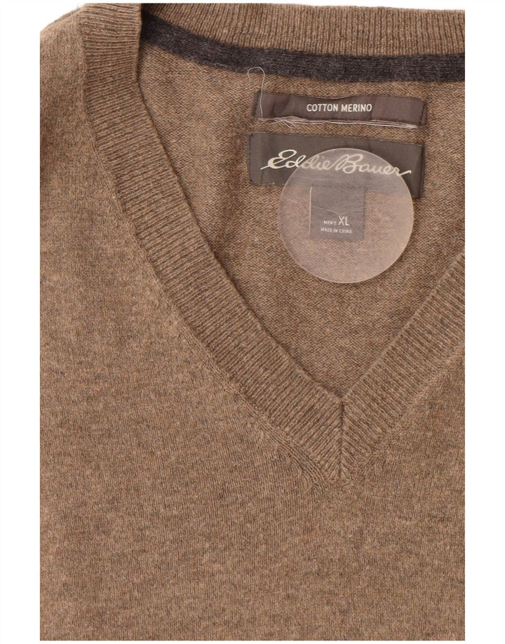 Eddie Bauer Mens V-Neck Jumper Sweater XL Brown Cotton