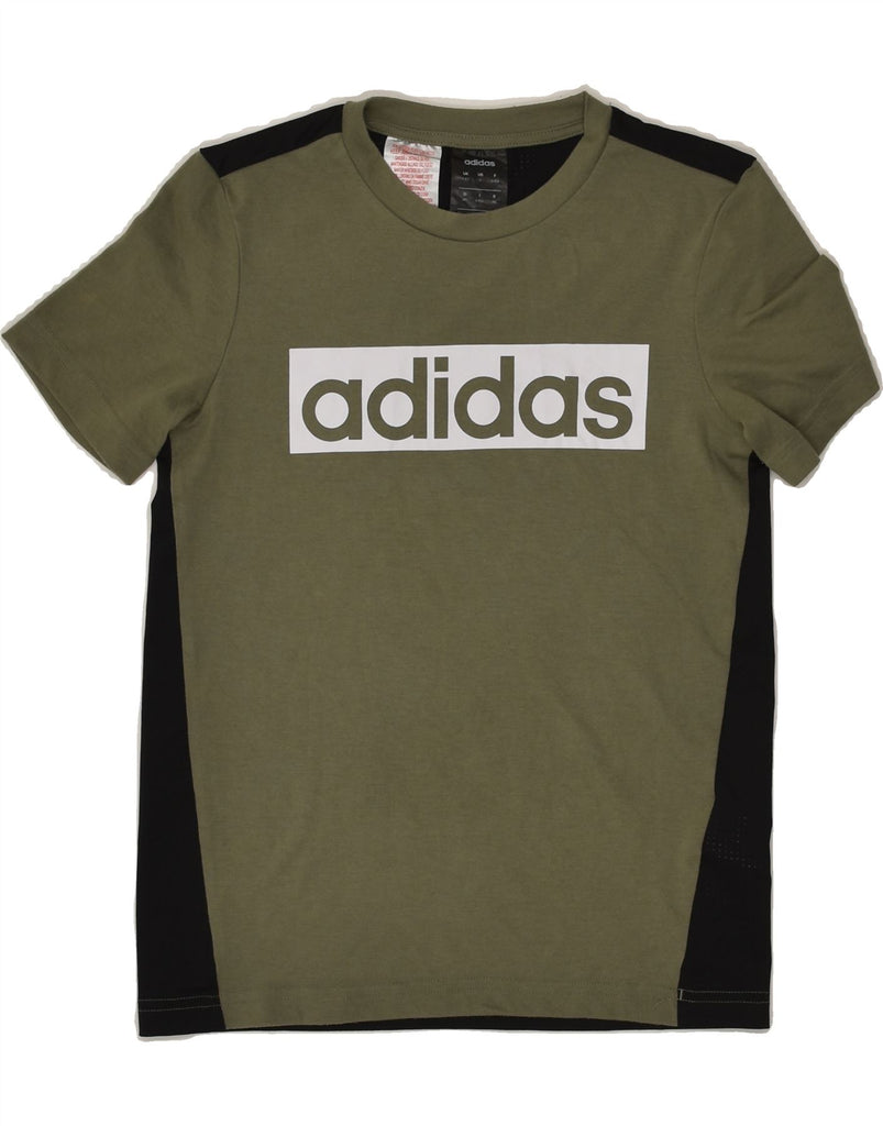 ADIDAS Girls Graphic T-Shirt Top 9-10 Years Khaki Colourblock Polyester | Vintage Adidas | Thrift | Second-Hand Adidas | Used Clothing | Messina Hembry 