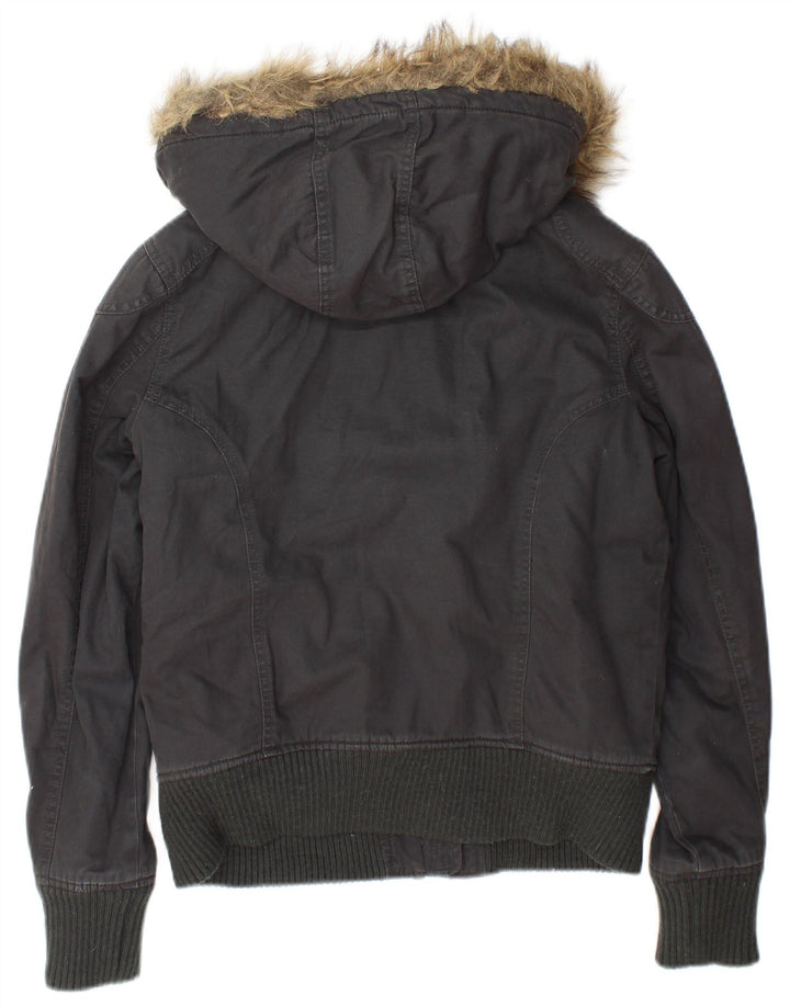 Superdry Womens Hooded Bomber Jacket UK 16 Large Grey Cotton