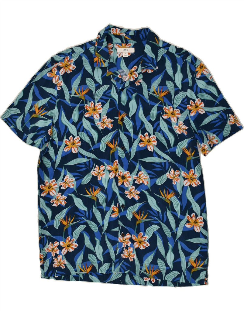 MARKS & SPENCER Mens Short Sleeve Shirt Large Blue Floral Viscose Hawaiian | Vintage Marks & Spencer | Thrift | Second-Hand Marks & Spencer | Used Clothing | Messina Hembry 
