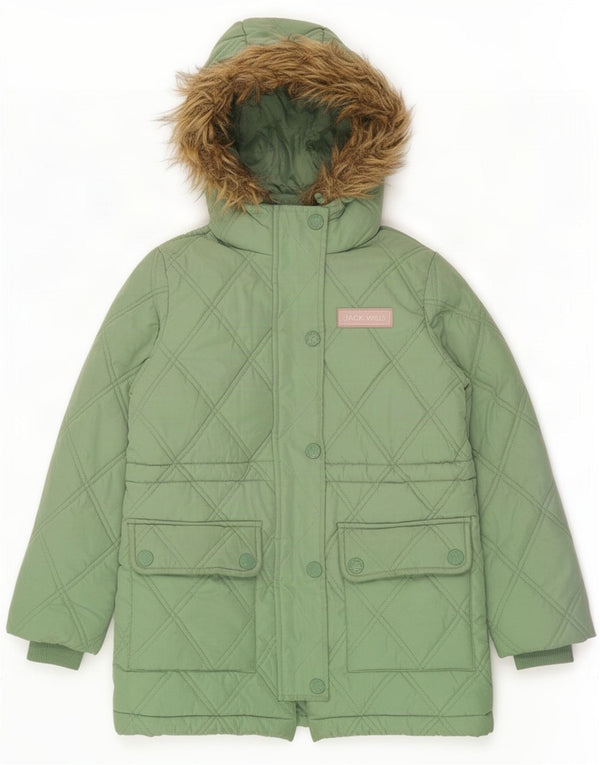 Jack Wills Girls Hooded Quilted Parka Jacket 8-9 Years Green Polyester