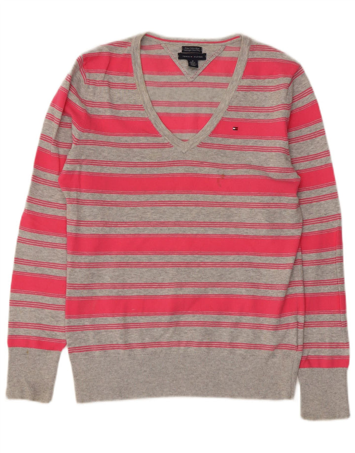 TOMMY HILFIGER Womens V-Neck Jumper Sweater UK 12 Medium Pink Striped