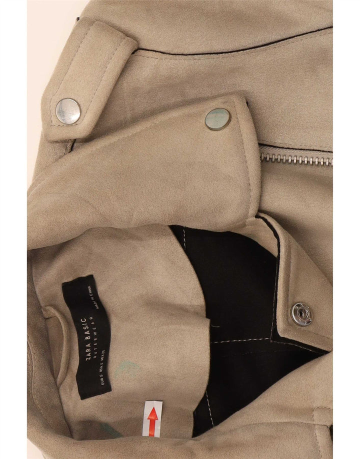 Zara Womens Crop Biker Jacket UK 10 Small Beige Polyester
