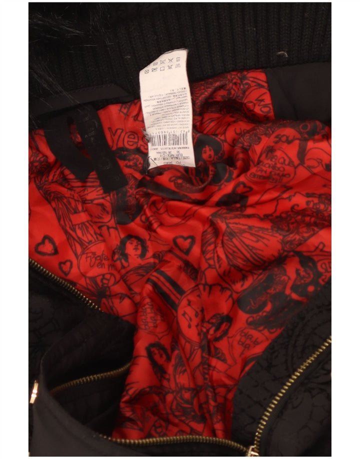 Desigual Womens Hooded Padded Jacket EU 36 Small Black Paisley