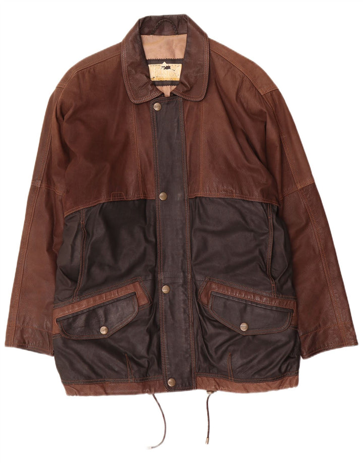 Milestone Mens Leather Jacket UK 48 4XL Brown Colourblock Leather