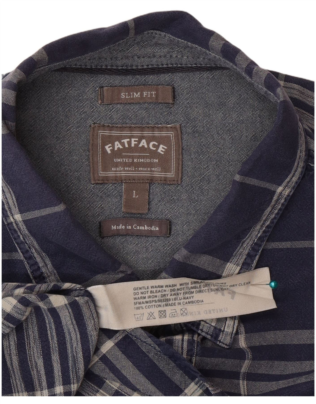 Fat Face Mens Slim Fit Shirt Large Navy Blue Check Cotton