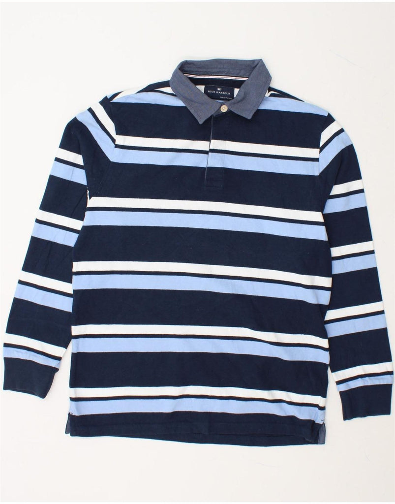 BLUE HARBOUR Mens Long Sleeve Rugby Polo Shirt Medium Blue Striped Cotton Vintage Blue Harbour and Second-Hand Blue Harbour from Messina Hembry 