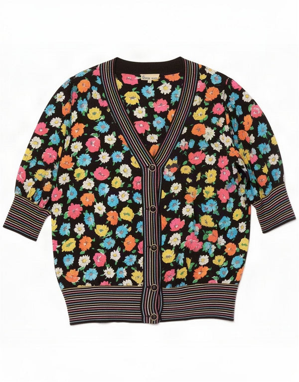 Vintage Womens 1/2 Sleeve Cardigan Top IT 46 Large Black Floral Silk Retro