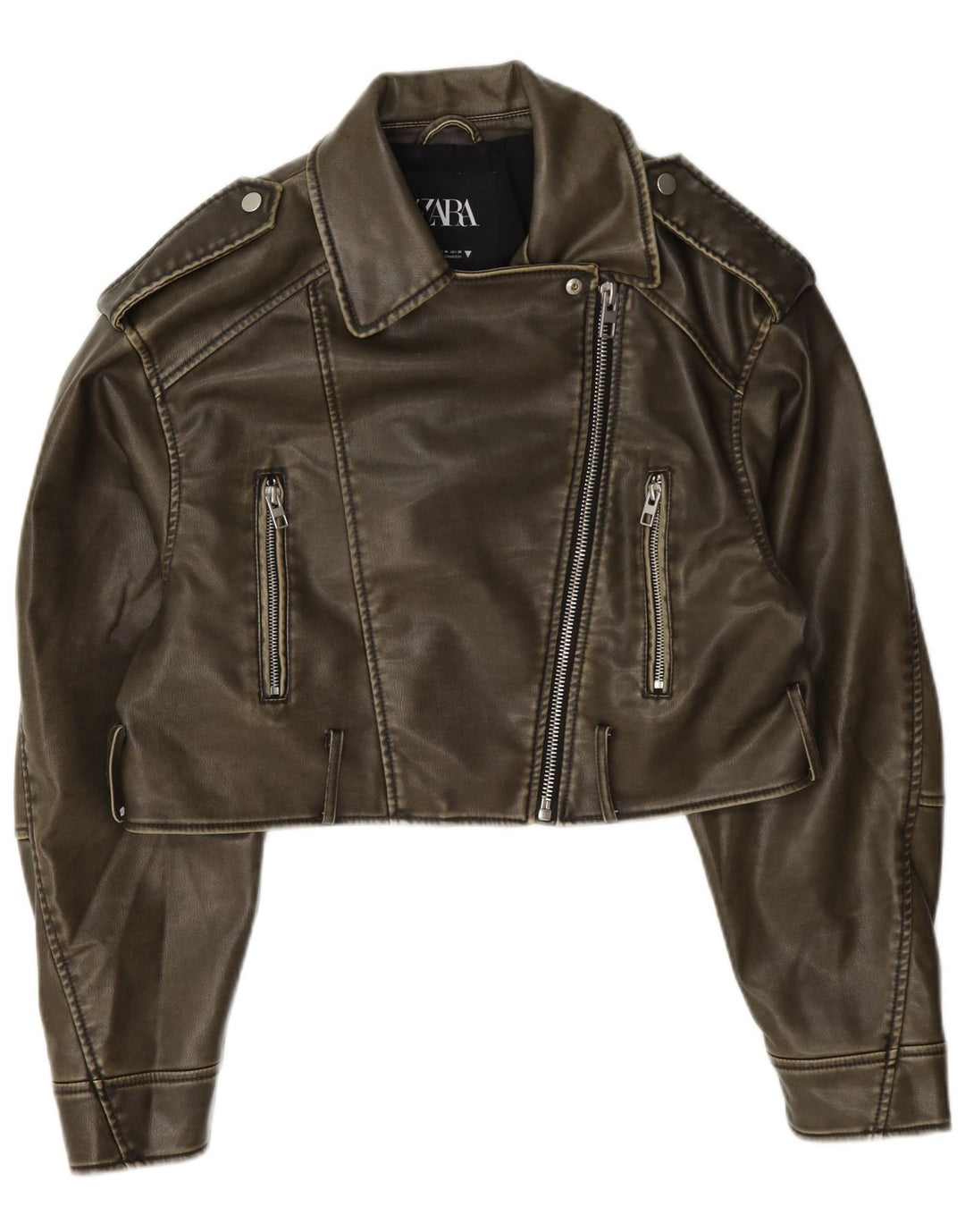 Zara Womens Crop Faux Leather Biker Jacket UK 14 Medium Khaki Polyester