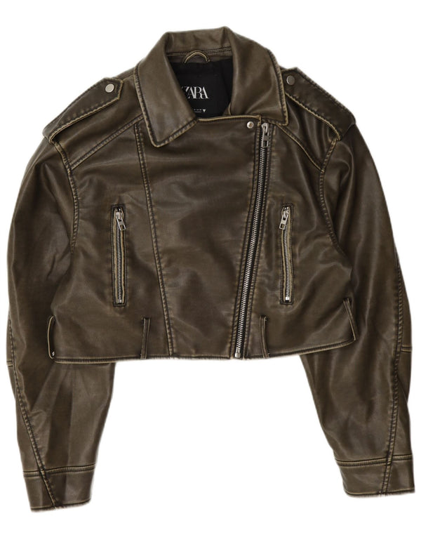 Zara Womens Crop Faux Leather Biker Jacket UK 14 Medium Khaki Polyester
