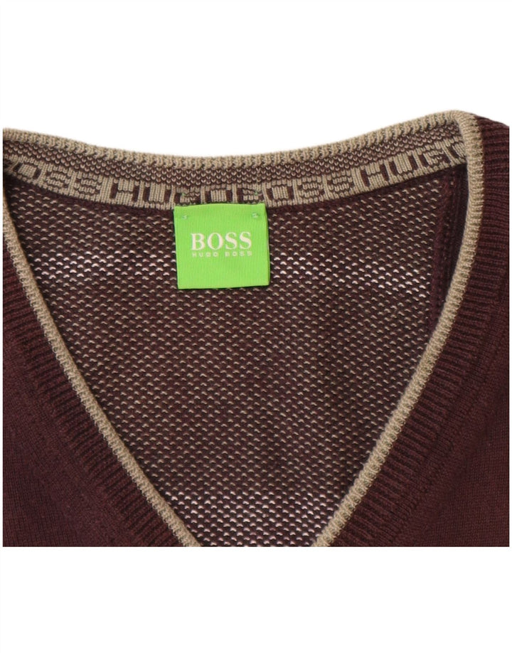 HUGO BOSS Mens V-Neck Jumper Sweater Small Brown Cotton