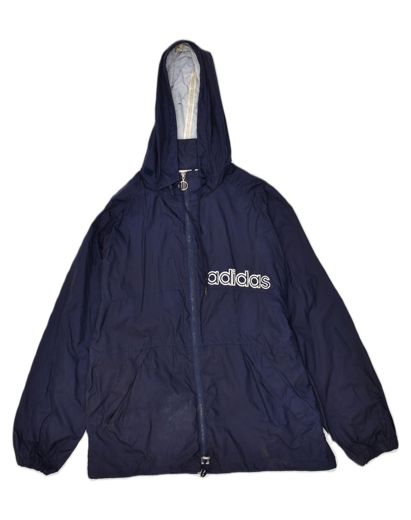 ADIDAS Mens Graphic Hooded Rain Jacket UK 38 Medium Navy Blue Polyamide | Vintage Adidas | Thrift | Second-Hand Adidas | Used Clothing | Messina Hembry 