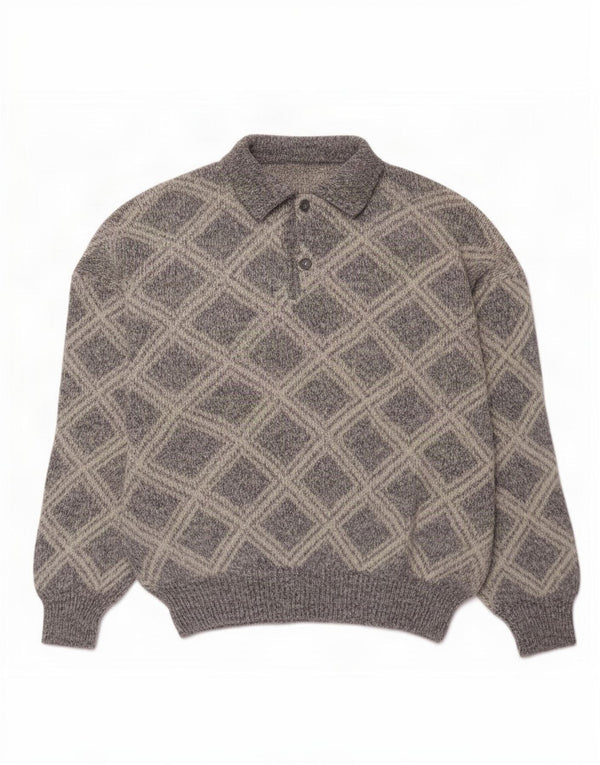 Vintage Mens Polo Neck Jumper Sweater XL Grey Argyle/Diamond