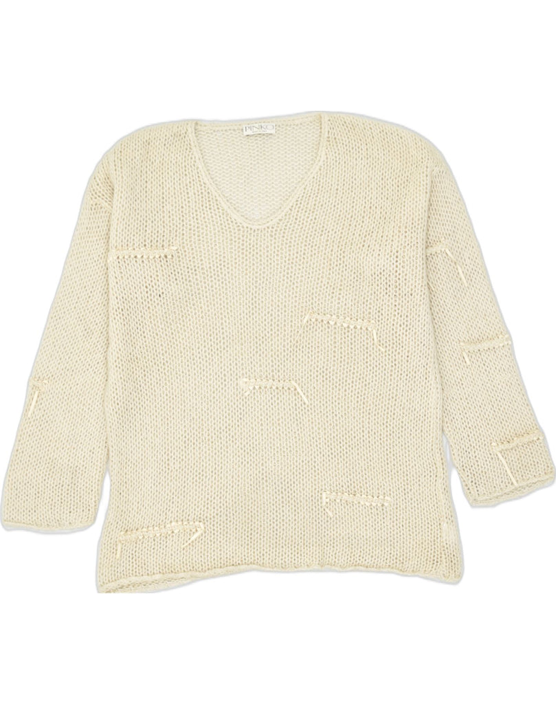 PINKO Womens Oversized V-Neck Jumper Sweater UK 14 Medium Beige Acrylic | Vintage | Thrift | Second-Hand | Used Clothing | Messina Hembry 