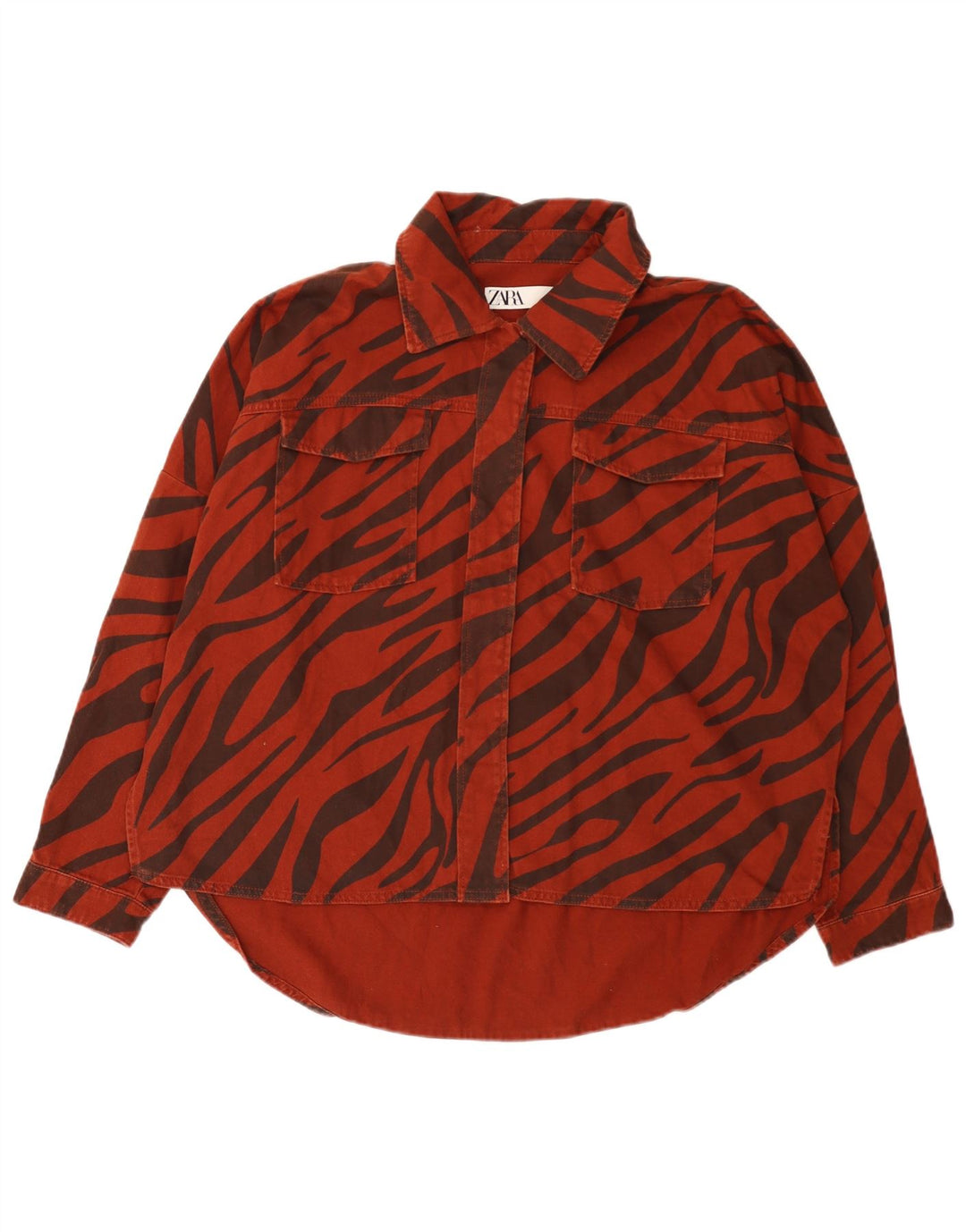 Zara Womens Oversized Denim Shirt UK 14 Medium Red Animal Print